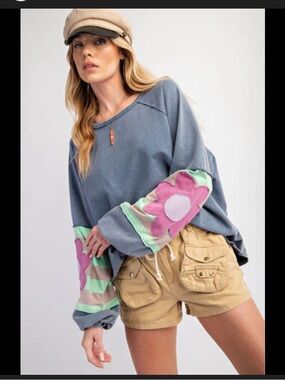 easel Slate Blue shirt with Floral & Stripes NWOT